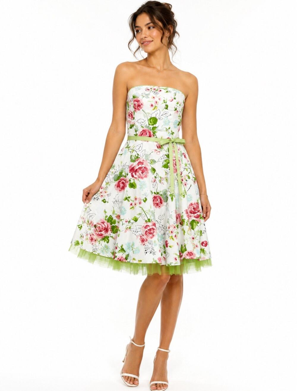Rampage Strapless Floral Rose Sundress Sz 7 Green Trim NWT Garden Party